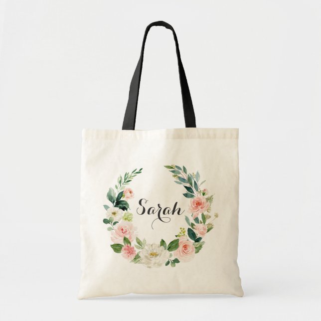 Personalized Floral Blush Greenery Tote Bag (Front)