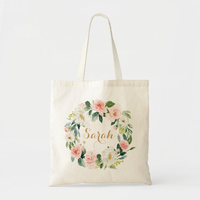 Personalized Floral Blush Greenery Tote Bag (Front)