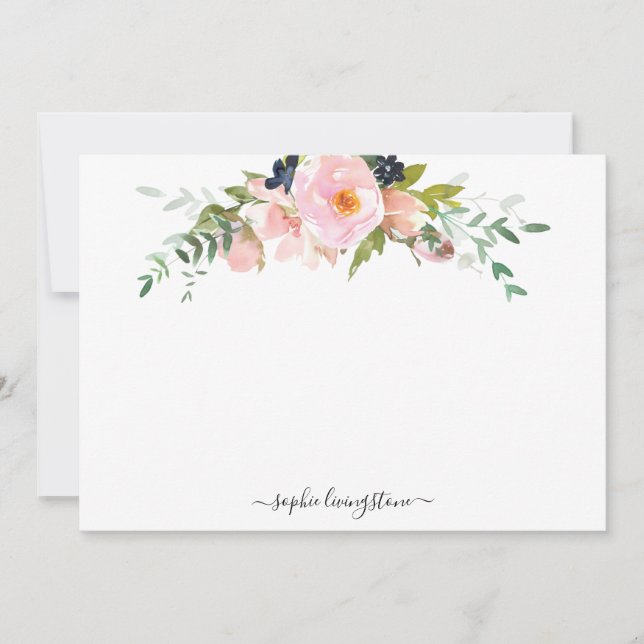 Personalized Floral Blush Pink Peony and Greenery Note Card (Front)