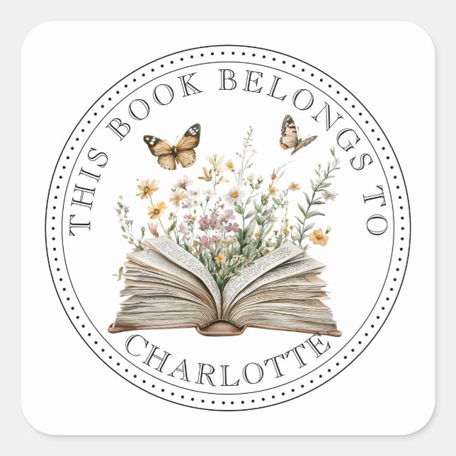 Personalized Floral Book Garden Square Sticker (Front)