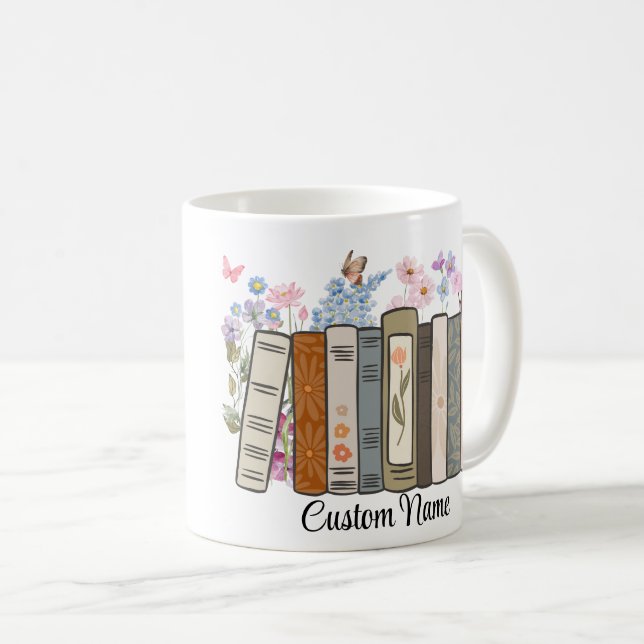 Personalized Floral Books Mug,Gift for Book Lovers Coffee Mug (Front Right)