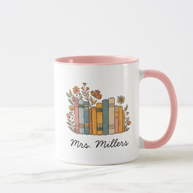 Personalized Floral Books Mug, teacher coffee mug, Mug (Right)