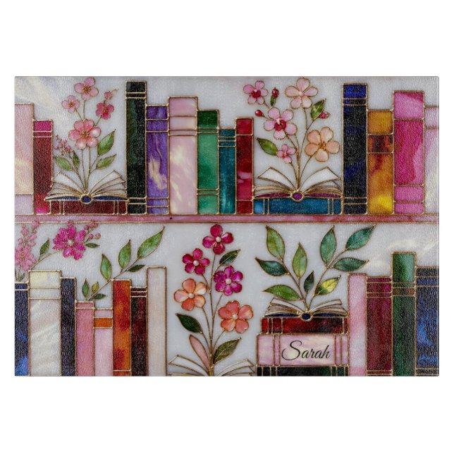 Personalized Floral Bookshelf Glass Cutting Board (Front)