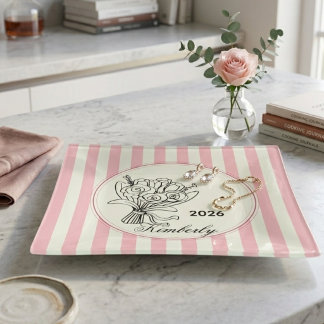 Personalized Floral Bouquet Pink Striped custom Trinket Tray