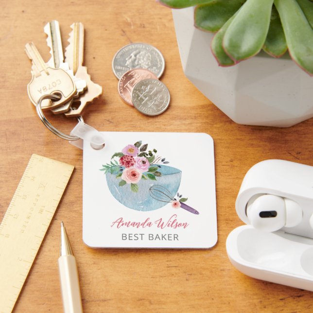 Personalized Floral Bowl and Whisker Bakers Keychain (Desk)
