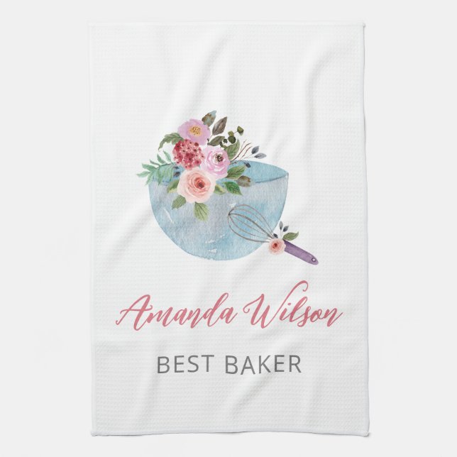 Personalized Floral Bowl and Whisker Bakers Kitchen Towel (Vertical)