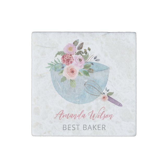 Personalized Floral Bowl and Whisker Bakers Stone Magnet (Front)