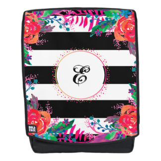 personalized floral bunches and black striped backpack