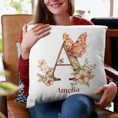 Personalized Floral Butterfly Letter A Monogram Throw Pillow