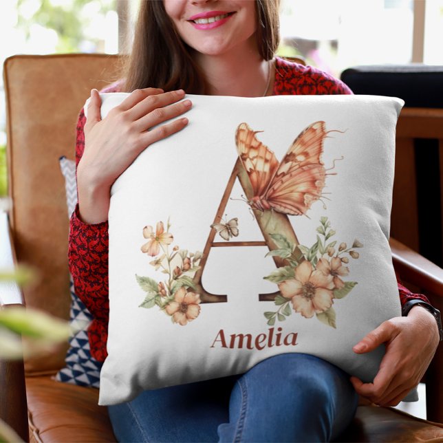 Personalized Floral Butterfly Letter A Monogram Throw Pillow (Creator Uploaded)