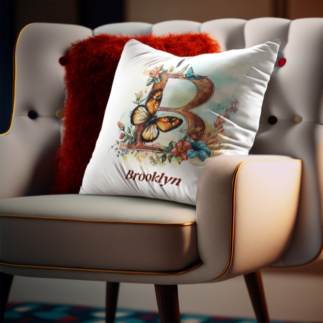 Personalized Floral Butterfly Letter B Monogram Throw Pillow (Creator Uploaded)