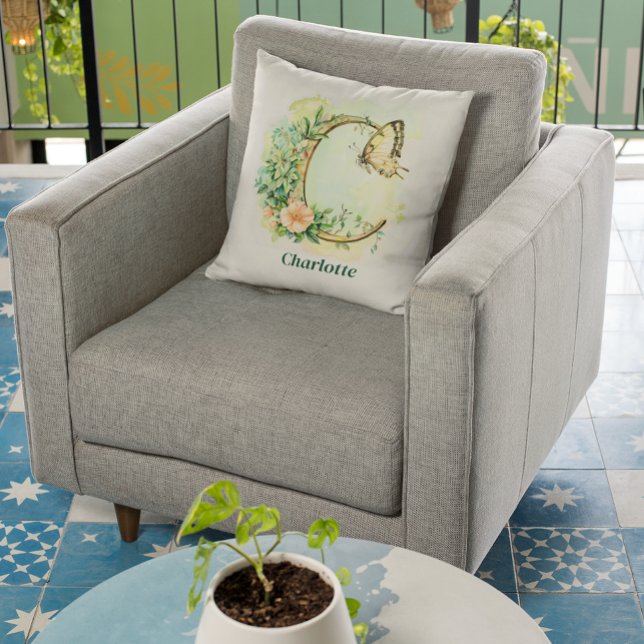 Personalized Floral Butterfly Letter C Monogram Throw Pillow (Creator Uploaded)