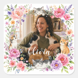 Personalized Floral Cat Mom Photo Sticker