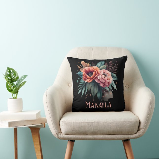Personalized Floral Chic Peonies on Black Throw Pillow (Chair)