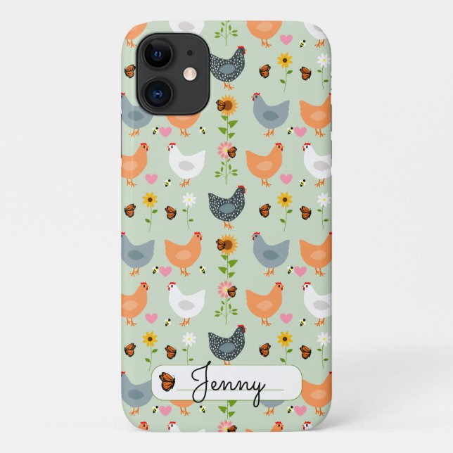 Personalized Floral Chickens Green iPhone 11 Case (Back)