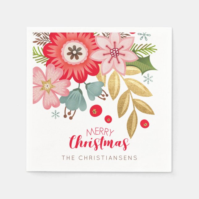 Personalized Floral Christmas Party Napkins (Front)