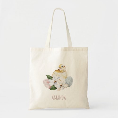 Personalized Floral Cute Chick Easter Egg Hunt Tote Bag