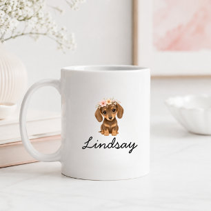 Personalized Floral Dachshund Puppy Name Coffee Mug