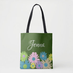 Personalized Floral Daisy Pink Green Blue Tote Bag