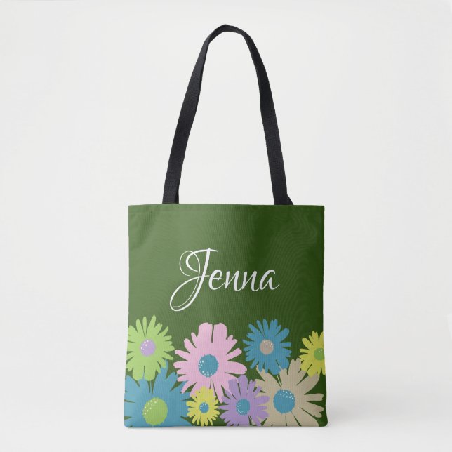 Personalized Floral Daisy Pink Green Blue Tote Bag (Front)