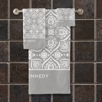 Personalized Floral Damask Pattern Gray And White Bath Towel Set by InTrendPatterns at Zazzle