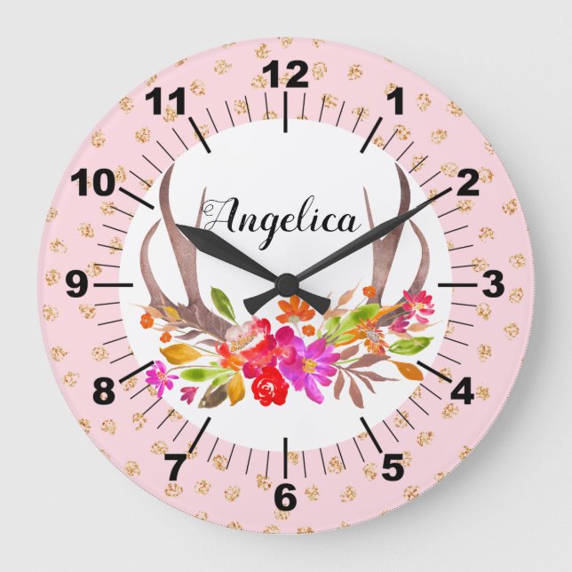 Personalized Floral Deer Antlers Large Clock (Front)