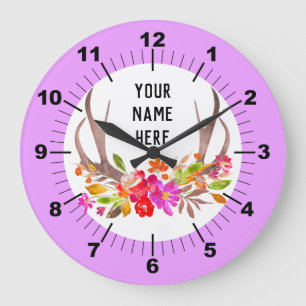 Personalized Floral Deer Antlers Large Clock