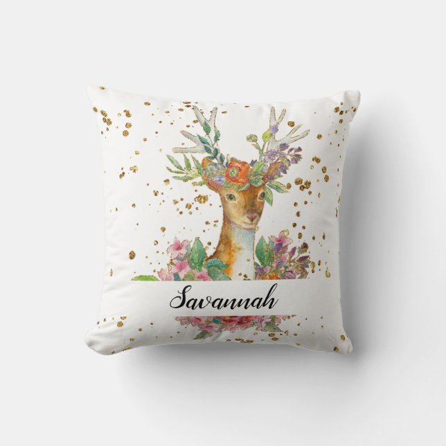 Personalized Floral Deer Throw Pillow (Front)