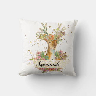 Personalized Floral Deer Throw Pillow