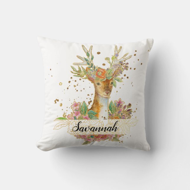 Personalized Floral Deer Throw Pillow (Front)