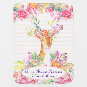 Personalized Floral Deer with Antlers Birthdate Baby Blanket