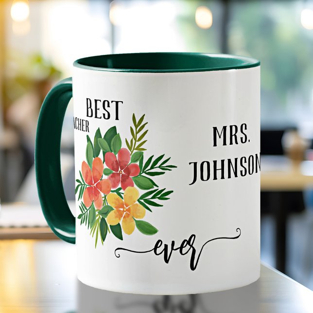 Personalized Floral Design Teacher Appreciation Mug (Elegant teacher appreciation mug featuring a watercolor painting of flowers)