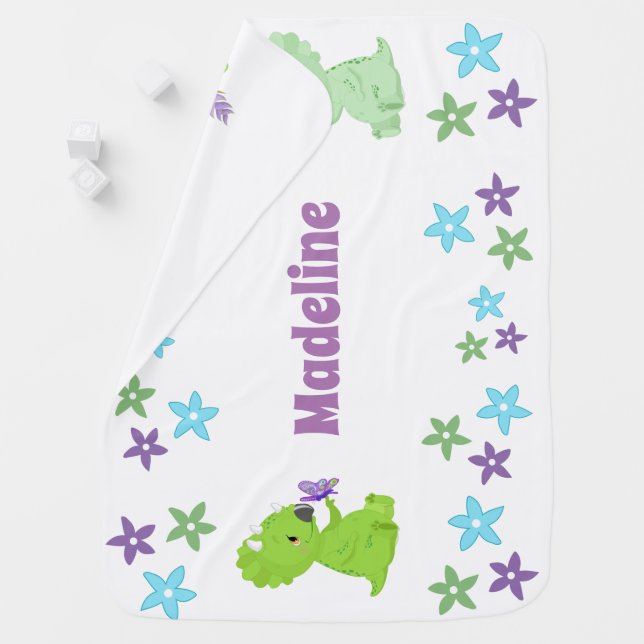 Personalized floral dinosaur baby blanket (In Situ)