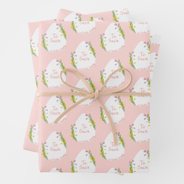 Personalized Floral Easter Eggs Pink Wrapping Paper Sheets (In situ)