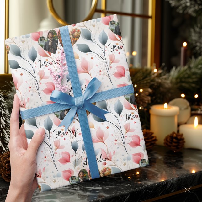 Personalized Floral Elegance with Photos and Names Wrapping Paper (Creator Uploaded)
