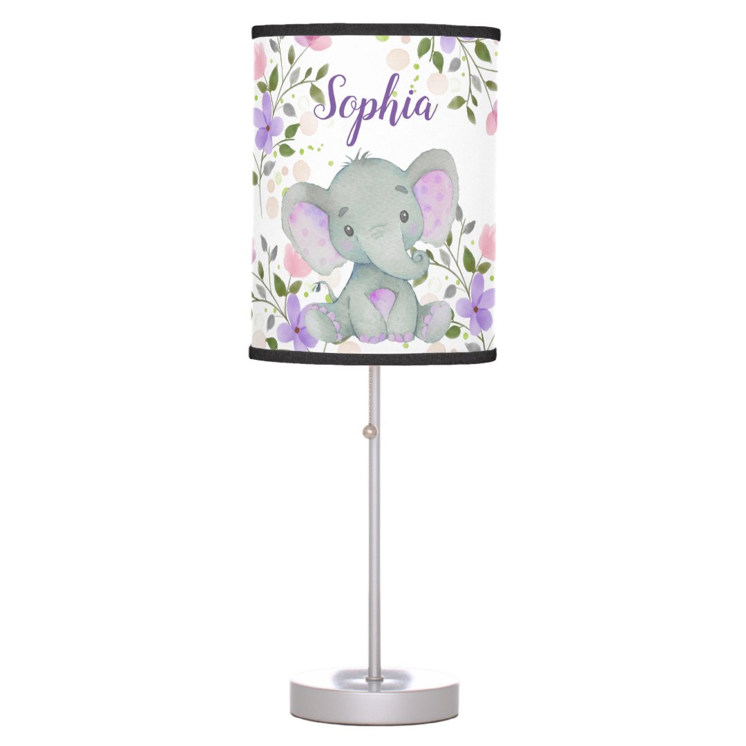 Personalized Floral Elephant Baby Girl Nursery Table Lamp | Zazzle