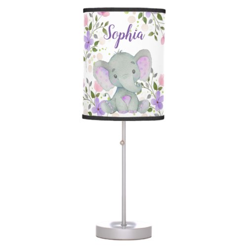 Personalized Floral Elephant Baby Girl Nursery Table Lamp