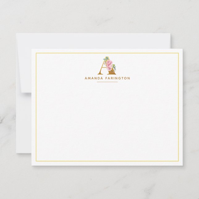 Personalized Floral Faux Gold Monogram Initial Note Card (Front)