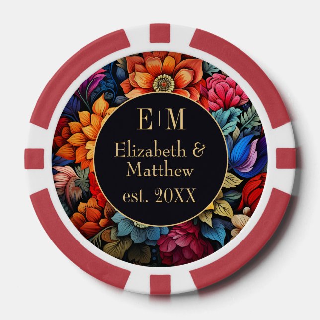 Personalized Floral Fiesta Casino Night Wedding Poker Chips (Front)