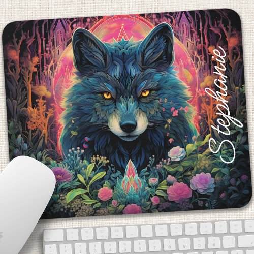 Personalized Floral Forest Wolf Mouse Pad