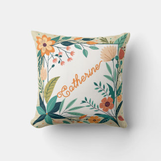 Personalized Floral Frame With Custom Name Throw Pillow