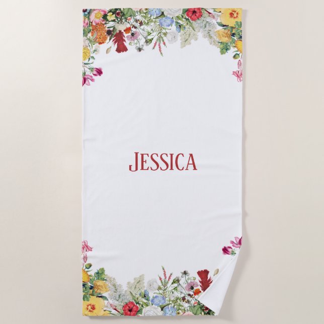 Personalized Floral Garden Colorful Flowers Beach Towel (Front)