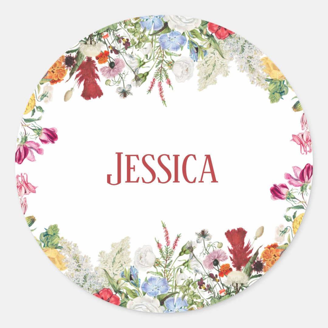 Personalized Floral Garden Colorful Flowers Classic Round Sticker | Zazzle