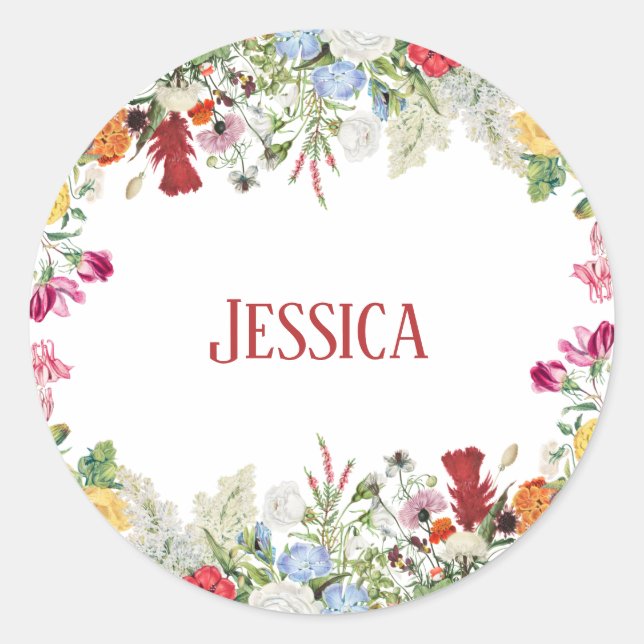 Personalized Floral Garden Colorful Flowers Classic Round Sticker (Front)
