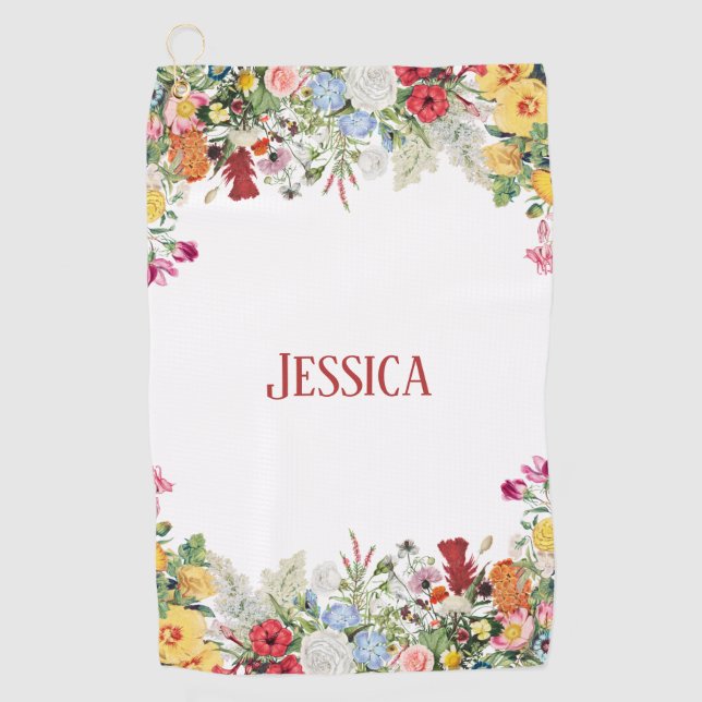 Personalized Floral Garden Colorful Flowers Golf Towel (Front)
