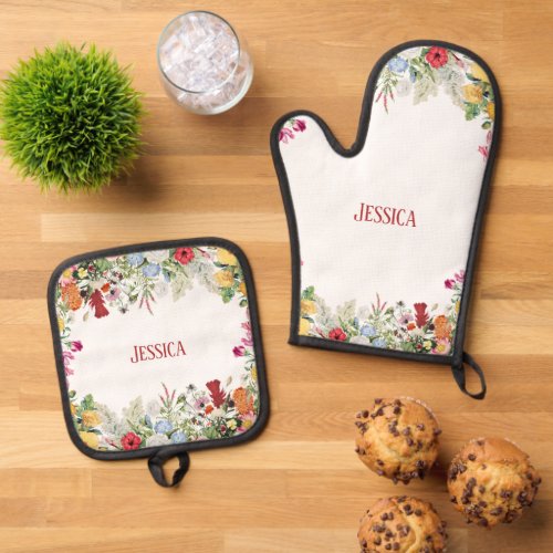 Personalized Floral Garden Colorful Flowers Oven Mitt  Pot Holder Set