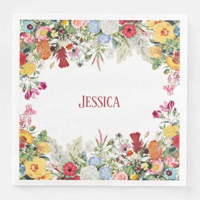 Personalized Floral Garden Colorful Flowers Paper Dinner Napkins (Front)