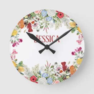 Personalized Floral Garden Colorful Flowers Round Clock