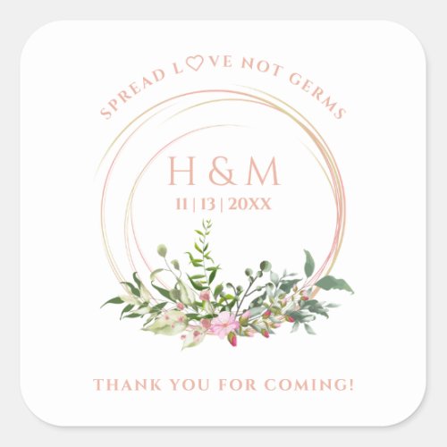 Personalized Floral Garland Pink Wedding Sanitizer Square Sticker