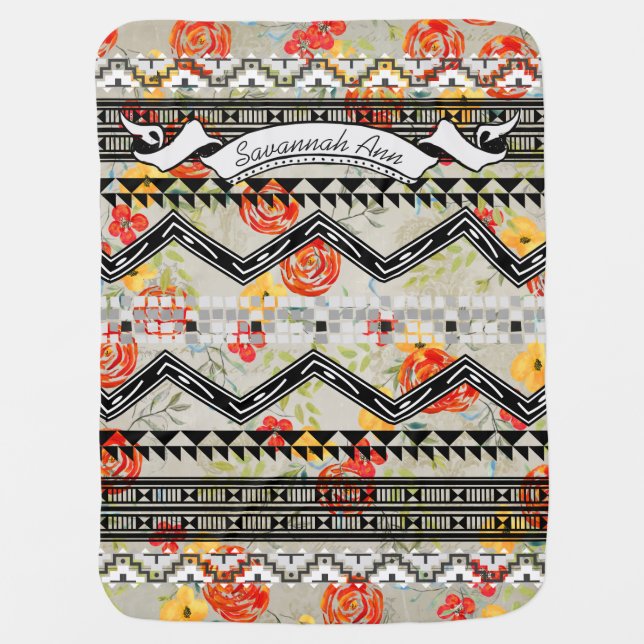 Personalized Floral Geometric Aztec Baby Blanket (Front)